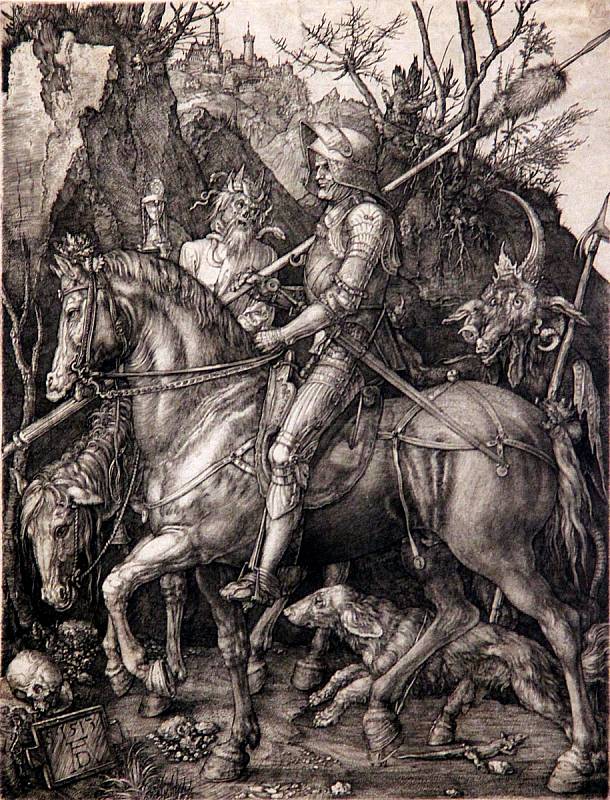 Rytíř, smrt a ďábel na obraze slavného německého malíře Albrechta Dürera. Dürerovo dílo zaznamenalo přechod od pozdního středověku k renesanci, jenž je charakteristický i pro příběh o rakovnickém fextovi Jiřím Heřmanu Sklenáři