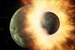 Umělecké ztvárnění srážky dvou planetárních těles. Nový výzkum naznačuje, že výrazný rozdíl mezi odvrácenou a přivrácenou stranou Měsíce způsobila jeho srážka s nezbednou (toulavou) trpasličí planetou v rané historii sluneční soustavy
