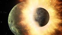 Umělecké ztvárnění srážky dvou planetárních těles. Nový výzkum naznačuje, že výrazný rozdíl mezi odvrácenou a přivrácenou stranou Měsíce způsobila jeho srážka s nezbednou (toulavou) trpasličí planetou v rané historii sluneční soustavy