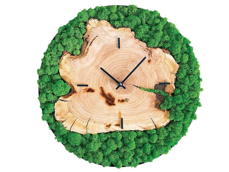 Populární mechové dekorace tentokrát netradičně: sobí mech se stal součástí nástěnných hodin z meruňkového dřeva. Originální hlídač času pochází z dílny značky Aninka772