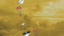 Ilustrace, jak by mohl vypadat sestup sondy z mise DAVINCI na povrch Venuše.
