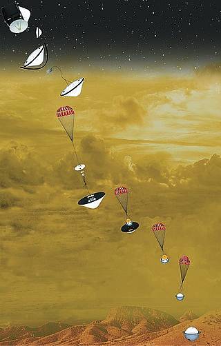 Ilustrace, jak by mohl vypadat sestup sondy z mise DAVINCI na povrch Venuše.