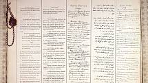 První strana smlouvy v němčině, maďarštině, bulharštině, osmanské turečtině a ruštině (zleva doprava)