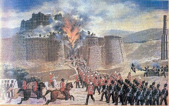 Znázornění útoku britských sil na pevnost Ghazni během první afghánské války,