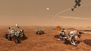 Animace průběhu operace Mars Sample Return, prvního startu rakety z planety Mars.