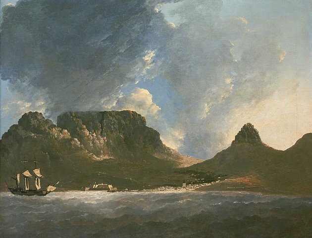William Hodges: Mys Dobré naděje, pohled z paluby lodi Jamese Cooka Resolution, 1772