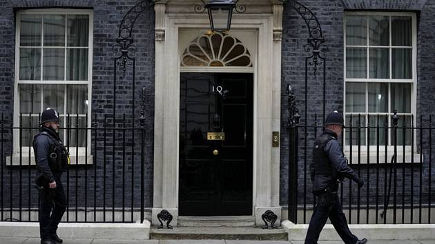 Policisté hlídkují před sídlem britského premiéra na londýnské Downing Street na snímku z 25. ledna 2022.