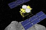 Japonská sonda Hajabusa 2 podruhé úspěšně dosáhla povrchu asteroidu Ryugu, který je aktuálně vzdálen od Země 244 milionů kilometrů. Na snímku počítačová animace sondy.