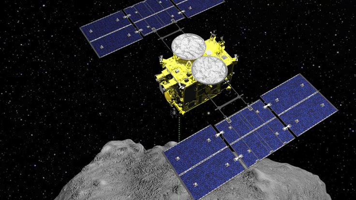Japonská sonda Hajabusa 2 podruhé úspěšně dosáhla povrchu asteroidu Ryugu, který je aktuálně vzdálen od Země 244 milionů kilometrů. Na snímku počítačová animace sondy.