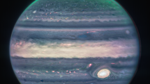 Detailní záběr Jupitera zachycení pomocí NIRCam z Webbova teleskopu.