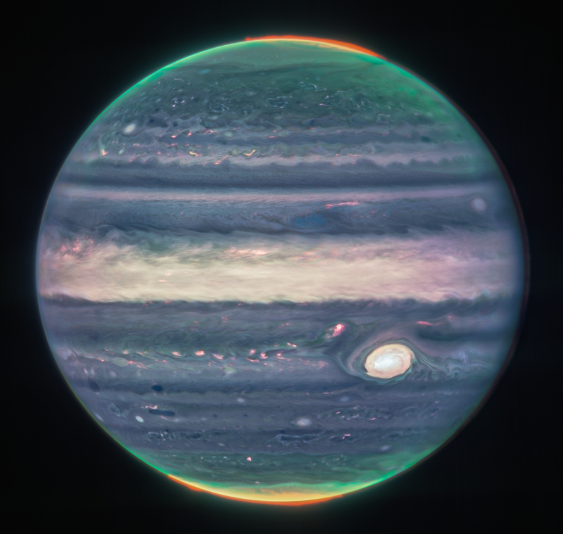 Detailní záběr Jupitera zachycení pomocí NIRCam z Webbova teleskopu