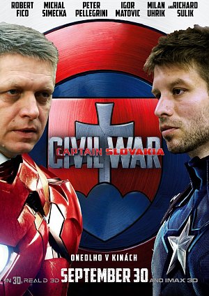 Uživatel voillta ukázal na redditu plakát ke slovenským volbám parodující film Captain America: Občanská válka od studia Marvel