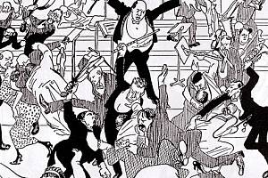 Karikatura takzvaného Skandálního koncertu, který se proměnil v obří rvačku.