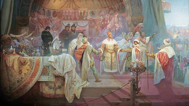 Král český Přemysl Otakar II.: Svaz slovanských dynastů, obraz Alfonse Muchy z cyklu Slovanská epopej, namalovaný v roce 1924