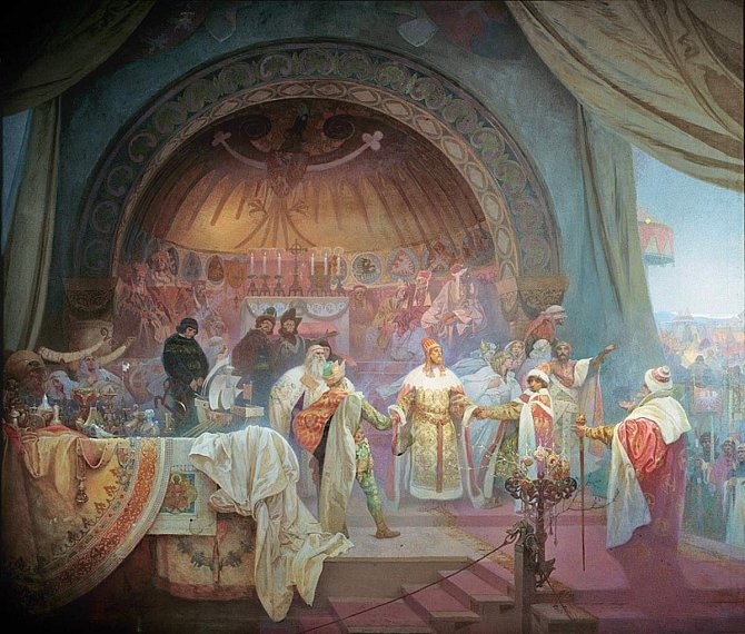 Král český Přemysl Otakar II.: Svaz slovanských dynastů, obraz Alfonse Muchy z cyklu Slovanská epopej, namalovaný v roce 1924