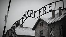 Vstupní brána do tábora s nápisem „Arbeit macht frei“, který byl umístěn na branách mnoha nacistických koncentračních táborů jako cynické prohlášení, že sebeobětování otrockou prací může přinést duševní svobodu.