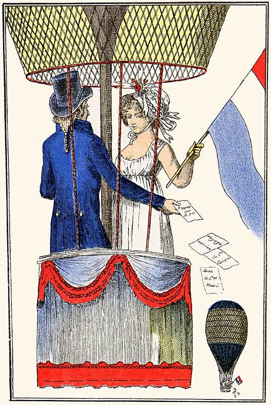 Vyobrazení Garnerinovy „voyage aérien“ (vzdušné cesty) s „la citoyenne Henri“ (občankou Henri) z let 1797–1798