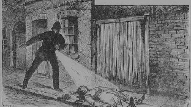 Zobrazení nalezení těla prostitutky Mary Ann Nicholsové, první oběti na kontě Jacka Rozparovače.