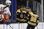 Hokejista Bostonu David Pastrňák (vpravo) se raduje z gólu v utkání na ledě New York Islanders.