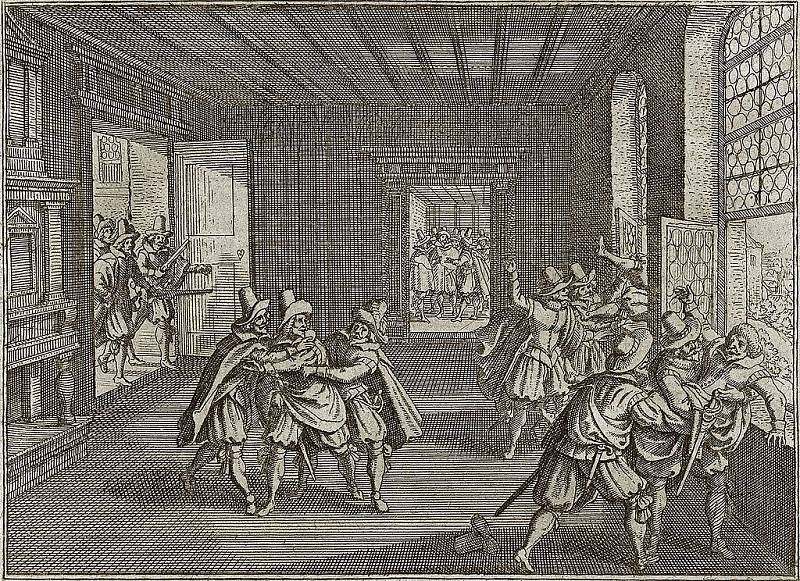 Třetí pražská defenestrace z roku 1618, jež se stala roznětkou třicetileté války, soudobá mědirytina z Theatrum Europaeum