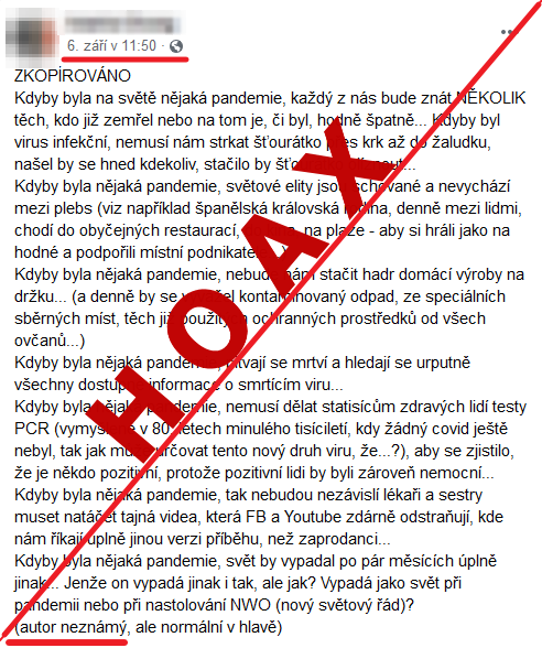 Covid je podvod, tvrdí hoax, který se snaží dokázat, že žádná pandemie není, aniž by zohledňoval fakta