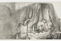 Rembrandtova grafika s názvem Francouzská postel (Het Ledikantje) z roku 1646