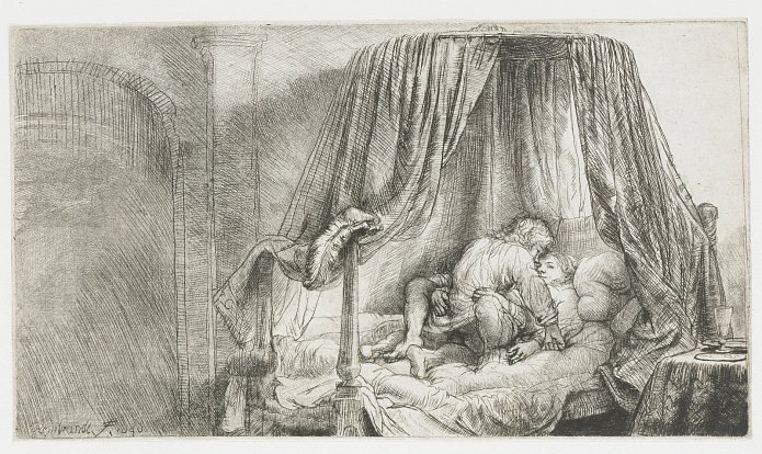 Rembrandtova grafika s názvem Francouzská postel (Het Ledikantje) z roku 1646