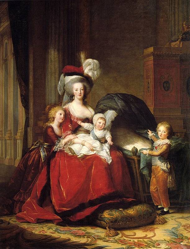 Marie Antoinetta s dětmi. Celkem měla francouzská královna čtyři potomky, nejmladší dcera zemřela ve věku několik měsíců. Britská historička Evelyn Farrová ve svých knihách tvrdí, že otcem dvou nejmladších dětí byl královnin milenec, hrabě von Fersen.