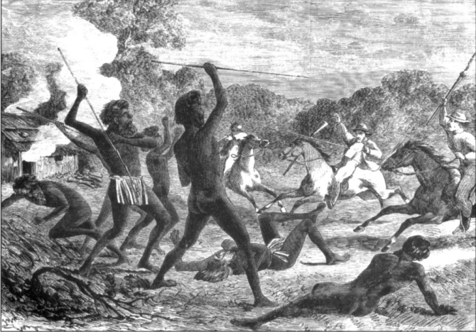 Aborindžinci bojují proti Evropanům napadajícím jejich domovy