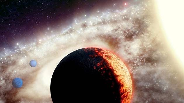 Umělecká představa planetárního systému kolem jedné z nejstarších hvězd galaxie, oranžového trpaslíka jménem TOI-561 vzdáleného pouhých 280 světelných let