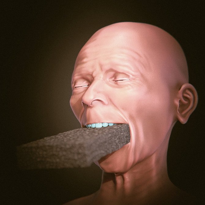 Vědci zrekonstruovali podobiznu obličeje ženy s kamennou cihlou v ústech.