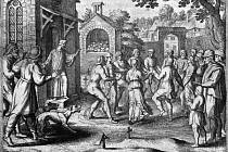 Občané Štrasburku, postižení v červenci 1518 psychogenní poruchou v podobě taneční mánie neboli tzv. tanečního moru, tančí mezi hroby na hřbitově.