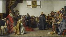 Martin Luther na Wormském sněmu v roce 1521, obraz Antona von Wernera z roku 1877 (zaujme podobnost s Brožíkovým plátnem zachycujícím Jana Husa na Koncilu kostnickém). Lutherovy myšlenky zažehly protestantské hnutí