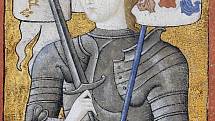 Jana z Arku v rytířské zbroji na dobové miniatuře (za zmínku stojí dlouhé vlasy)