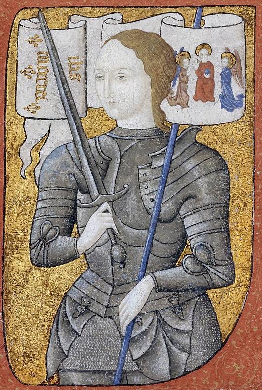 Jana z Arku v rytířské zbroji na dobové miniatuře (za zmínku stojí dlouhé vlasy)
