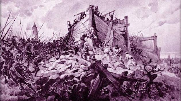 Obraz Adolfa Liebschera "Bitva na hoře Vítkově dne 14. července roku 1420"" ukazuje boj o opevněné husitské sruby