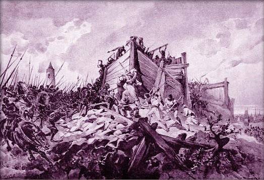 Obraz Adolfa Liebschera "Bitva na hoře Vítkově dne 14. července roku 1420"" ukazuje boj o opevněné husitské sruby