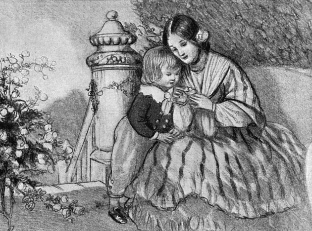 Matka Charlese Darwina synovi vysvětluje, z čeho se skládá květina, obrázek z ruské Dětské encyklopedie