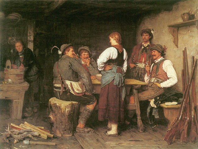 Pytláci v kolibě, obraz Franze von Defreggera z roku 1876, tedy z doby, kdy k řádění pytláků docházelo i na Křivoklátsku
