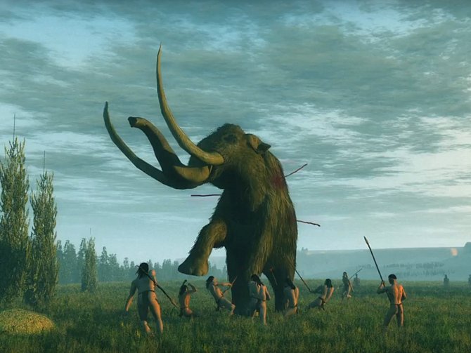 Domorodí Američané cloviské kultury loví mamuta.