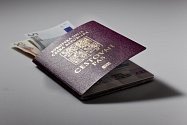 Cestovní pas České republiky s biometrickými znaky, euro bankovky, dovolená - ilustrační foto