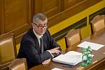 Andrej Babiš na mimořádné schůzi Poslanecké sněmovny svolané k jeho údajnému zneužívání médií a dalších institucí.