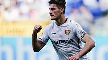 Patrik Schick - Fotbalista Leverkusenu Patrik Schick se raduje z gólu, kteý vstřelil Hoffenheimu v utkání německé ligy 7. května 2022.