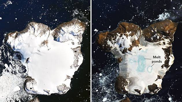 Srovnání snímků Antarktidy ze 4. a 13. února 2020