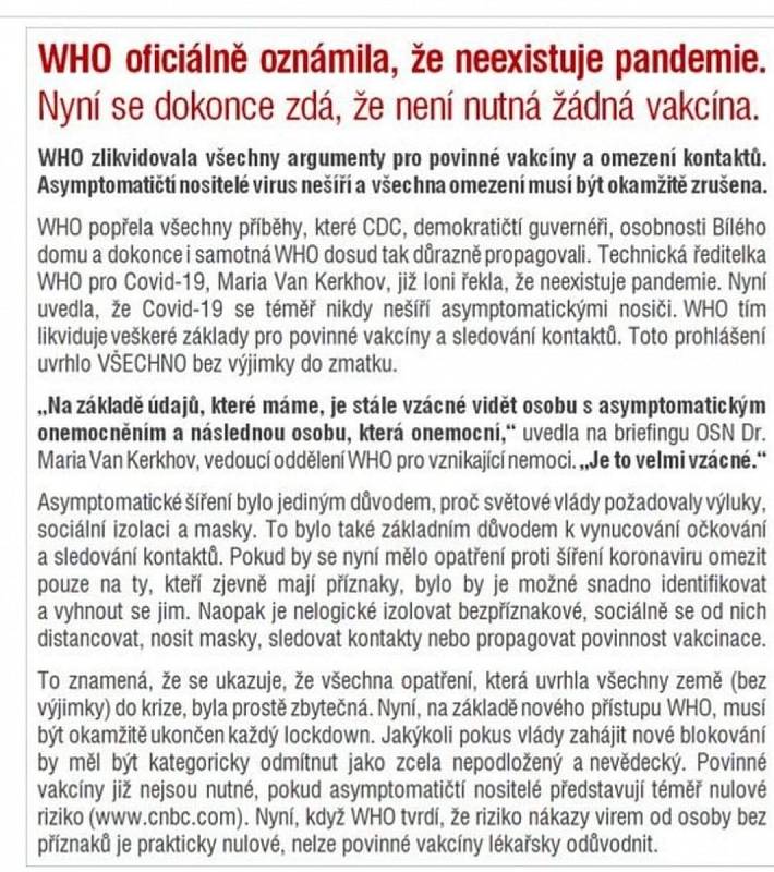 Falešná zpráva, která putuje po českých dezinformačních webech a sociálních sítích