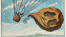 Garnerin vypouští balón a sestupuje za pomoci padáku, rok 1797. Kresba z 19. století