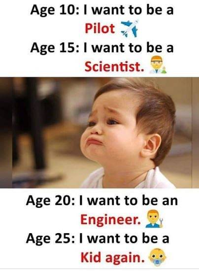 V deseti letech: Chci být pilotem! V patnácti letech: Chci být vědcem! Ve dvaceti: Chci být inženýrem! Ve dvaceti pěti letech: Chci být zase dítětem….