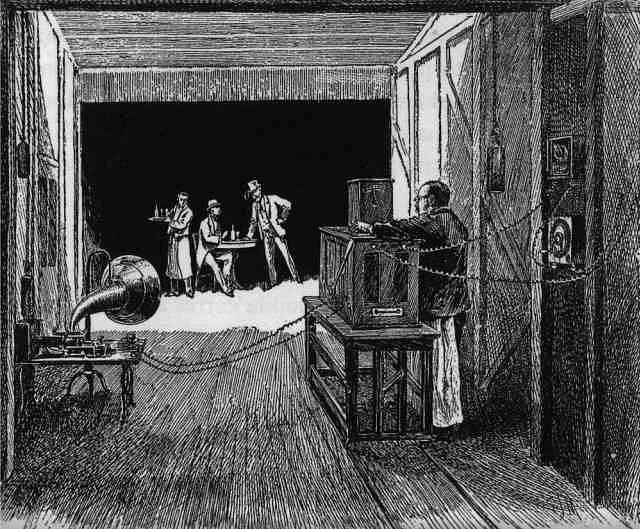 Kresba interiéru Edisonova kinetografického divadla Černá Maria od E. J. Meekera