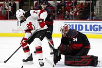Hokejista New Jersey Devils Wayne Simmonds se snaží dostat puk za záda brankáře Caroliny Hurricanes Petra Mrázka.