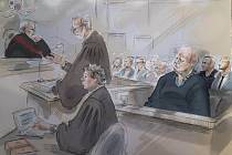 Kresba kanadského sériového vraha Bruce McArthura před soudem.
